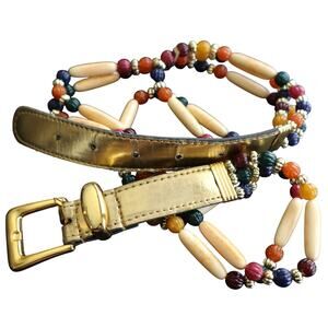 Vintage 80s 90s Beaded Belt Gold Buckle Boho Hippie Retro Womens Small Medium